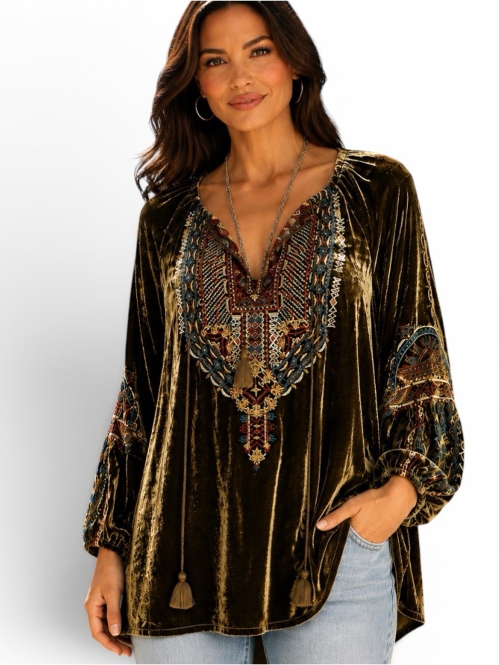 Johnny Was “Naomi Tiger eye” heavily embroidered velvet tunic NWT